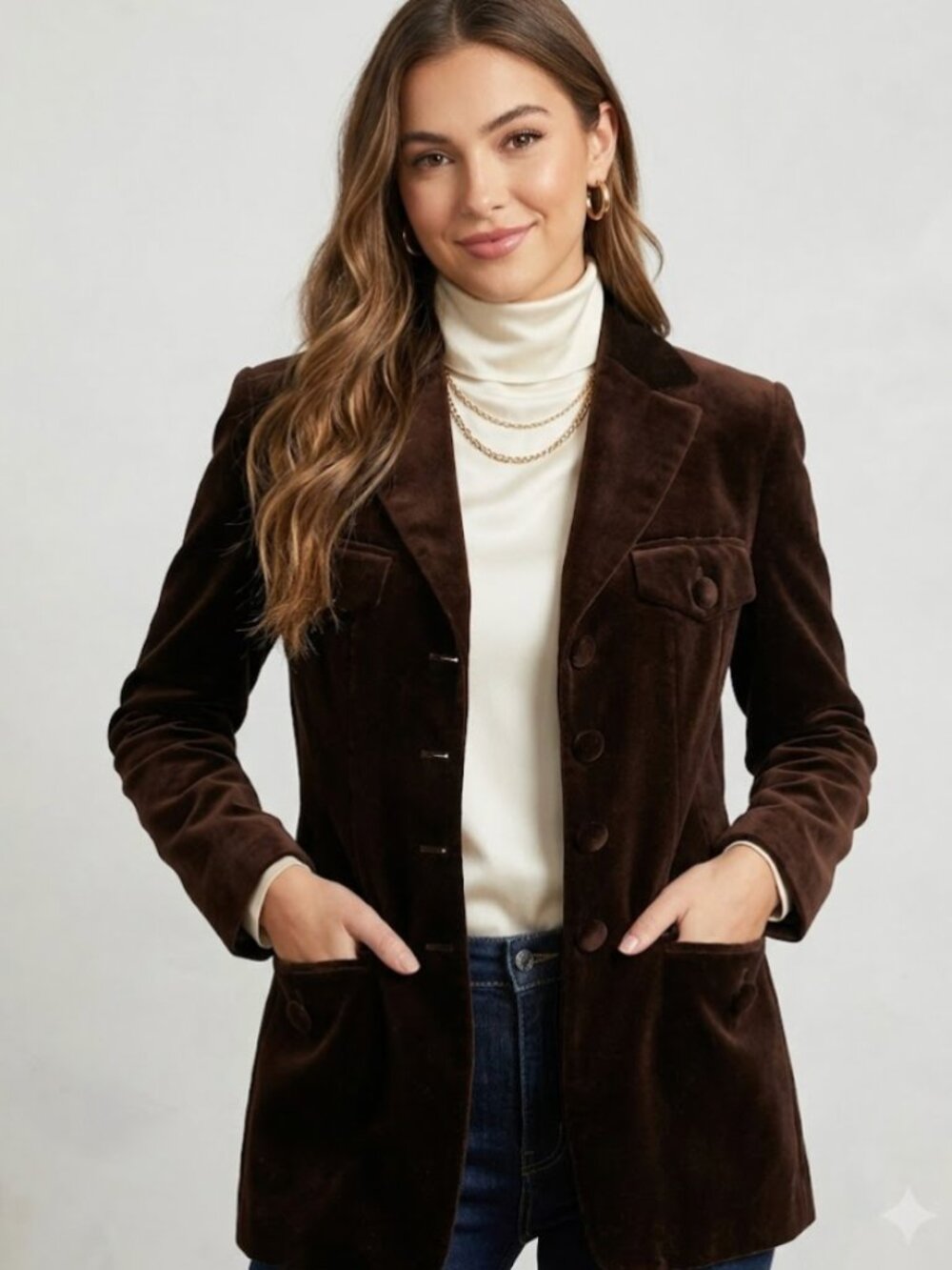Vintage Italian Chocolate Brown Velvet Blazer Jacket 70s Safari Equestrian IT 42